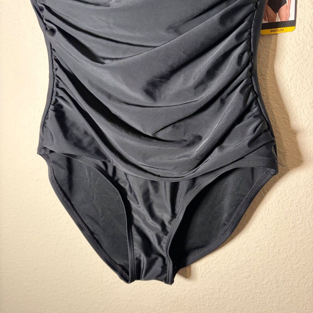 DKNY Bathing Suit Women's Medium Black Strapless One Piece Ruched Swim - Picture 4 of 10